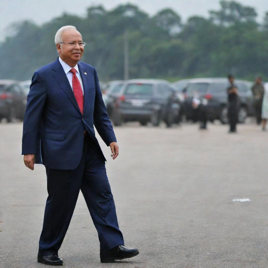 An image titled 'And Najib leaves without crying or moaning.. and no Hi in the Bye Bye'. Visualize a person named Najib, showing strength and stoicism, walking away into the distance.