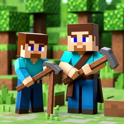 Minecraft Steve standing next to a Minecraft Villager in a lush green biome, both holding pickaxes and appearing ready for adventure