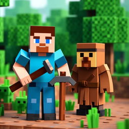 Minecraft Steve standing next to a Minecraft Villager in a lush green biome, both holding pickaxes and appearing ready for adventure