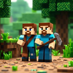 Minecraft Steve standing next to a Minecraft Villager in a lush green biome, both holding pickaxes and appearing ready for adventure