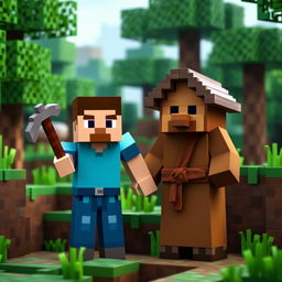 Minecraft Steve standing next to a Minecraft Villager in a lush green biome, both holding pickaxes and appearing ready for adventure