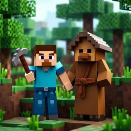 Minecraft Steve standing next to a Minecraft Villager in a lush green biome, both holding pickaxes and appearing ready for adventure