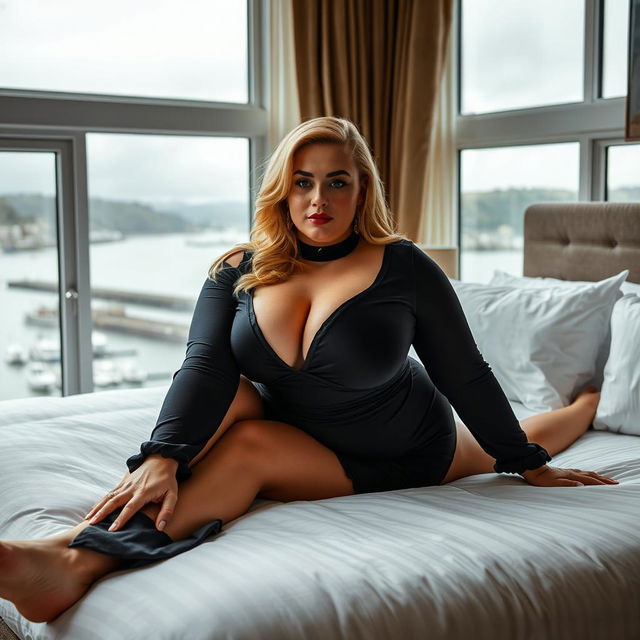 A 40-year-old curvy chubby blonde woman is laying seductively on a king-size bed in a hotel room, creating a captivating image