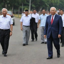 An image titled 'And Najib leaves without crying or moaning.. and no Hi in the Bye Bye'. Visualize a person named Najib, showing strength and stoicism, walking away into the distance.