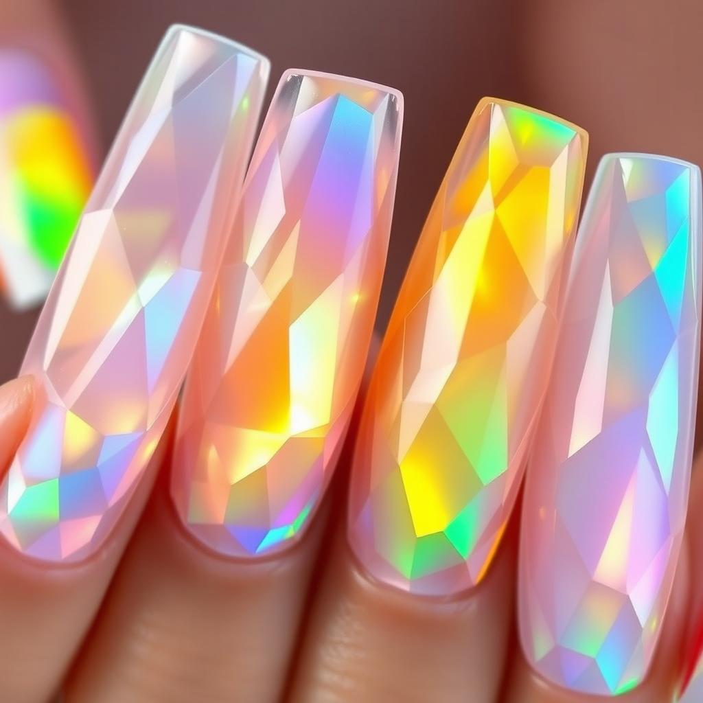 A stunning close-up of nails featuring a crystal transparent design with a captivating neon gradient