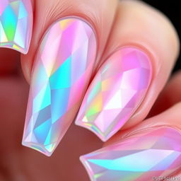 A stunning close-up of nails featuring a crystal transparent design with a captivating neon gradient