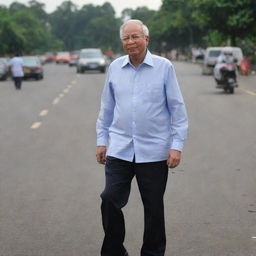 An image titled 'And Najib leaves without crying or moaning.. and no Hi in the Bye Bye'. Visualize a person named Najib, showing strength and stoicism, walking away into the distance.