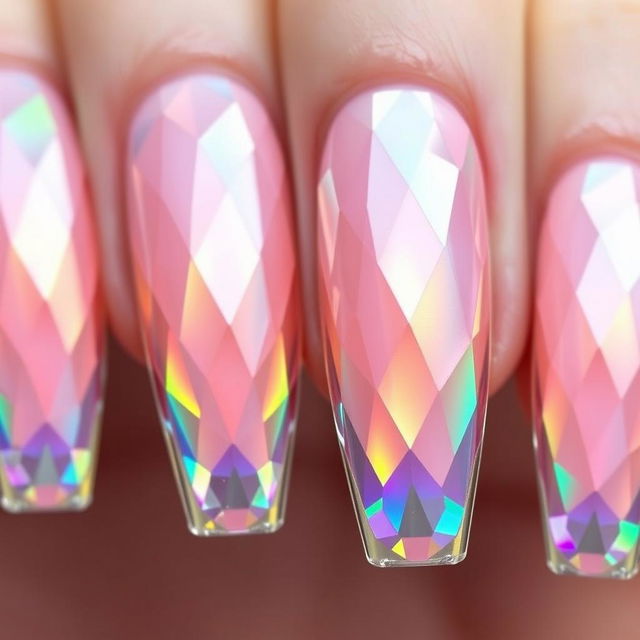 A stunning close-up of nails featuring a crystal transparent design with a captivating neon gradient