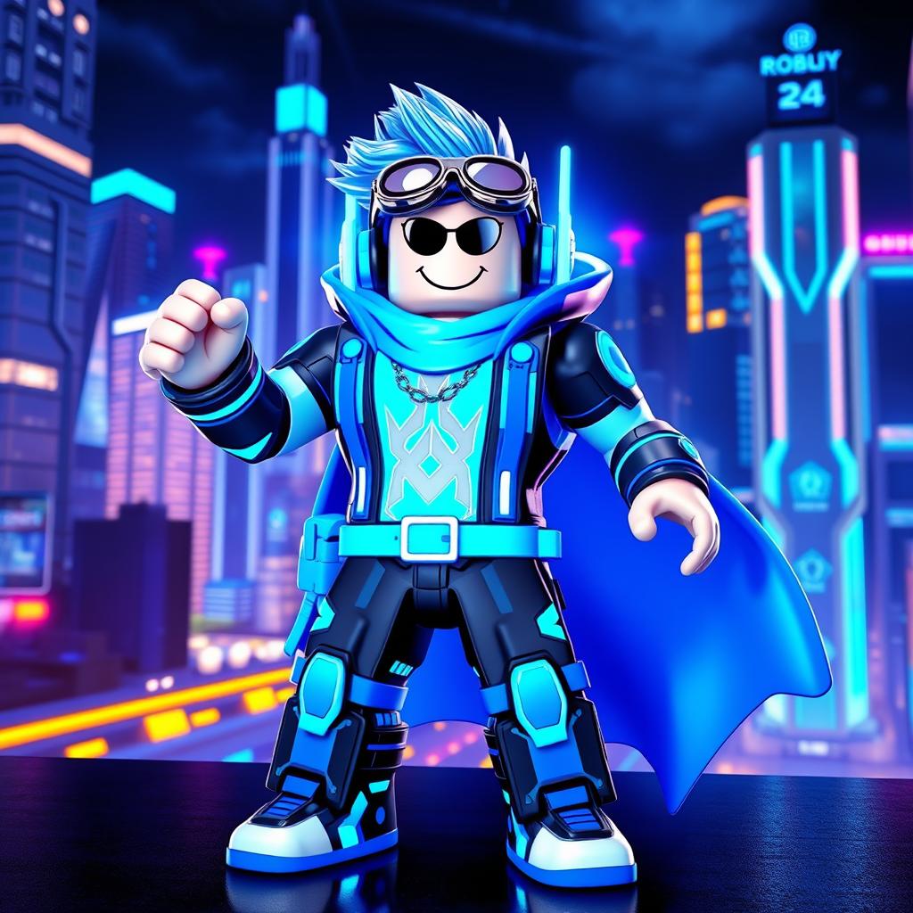 a dynamic and vibrant Roblox character inspired by the theme 'blue', featuring various shades of blue in its attire and accessories