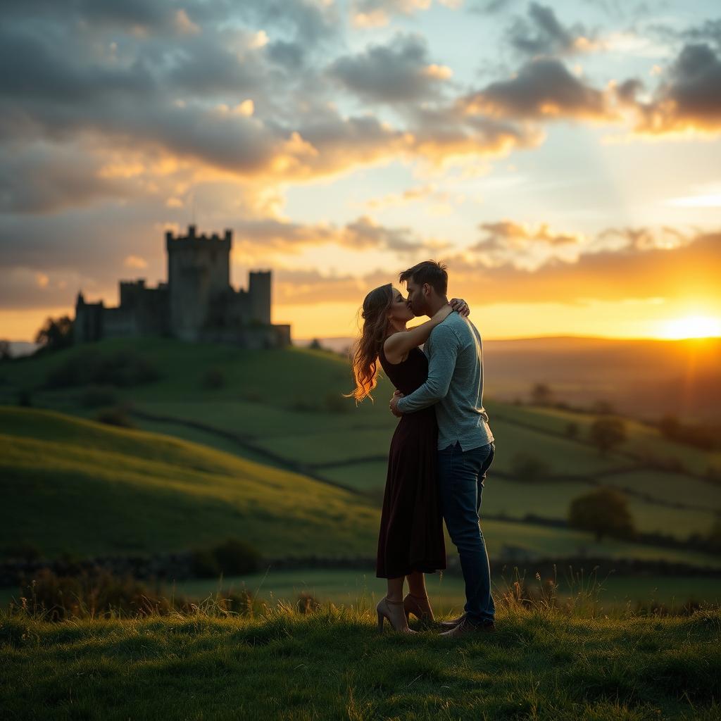 An epic romantic scene set in the picturesque countryside of England