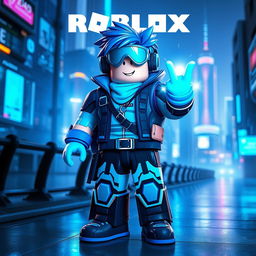 a dynamic and vibrant Roblox character inspired by the theme 'blue', featuring various shades of blue in its attire and accessories