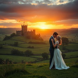 An epic romantic scene set in the picturesque countryside of England