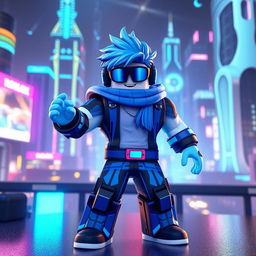 a dynamic and vibrant Roblox character inspired by the theme 'blue', featuring various shades of blue in its attire and accessories