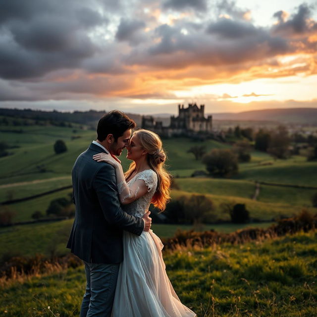 An epic romantic scene set in the picturesque countryside of England