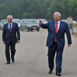 An image titled 'And Najib leaves without crying or moaning.. and no Hi in the Bye Bye'. Visualize a person named Najib, showing strength and stoicism, walking away into the distance.