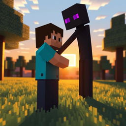 Minecraft Steve giving a warm hug to a tall Enderman in a grassy biome during a pixelated sunset