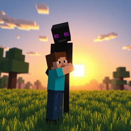 Minecraft Steve giving a warm hug to a tall Enderman in a grassy biome during a pixelated sunset