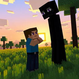 Minecraft Steve giving a warm hug to a tall Enderman in a grassy biome during a pixelated sunset