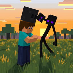 Minecraft Steve giving a warm hug to a tall Enderman in a grassy biome during a pixelated sunset