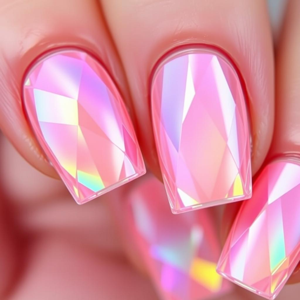 A mesmerizing close-up of nails showcasing a crystal transparent design, featuring a vibrant neon gradient