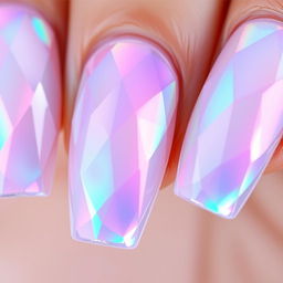 A mesmerizing close-up of nails showcasing a crystal transparent design, featuring a vibrant neon gradient