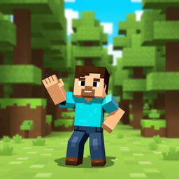 Minecraft Steve standing in a pixelated forest, waving his hand energetically and smiling