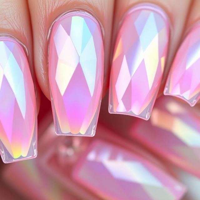 A mesmerizing close-up of nails showcasing a crystal transparent design, featuring a vibrant neon gradient