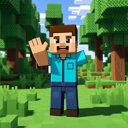 Minecraft Steve standing in a pixelated forest, waving his hand energetically and smiling