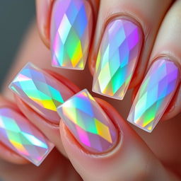 A mesmerizing close-up of nails showcasing a crystal transparent design, featuring a vibrant neon gradient