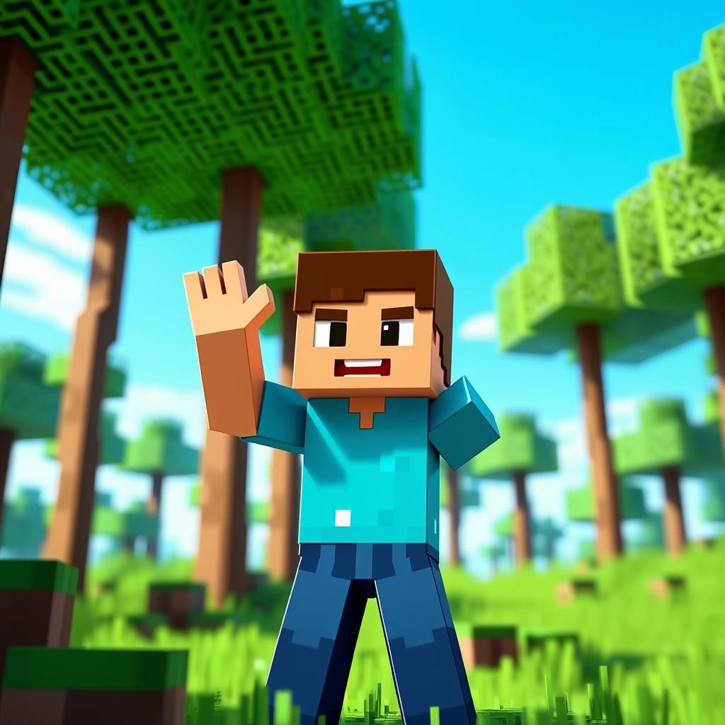 Minecraft Steve standing in a pixelated forest, waving his hand energetically and smiling