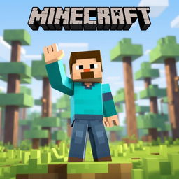 Minecraft Steve standing in a pixelated forest, waving his hand energetically and smiling