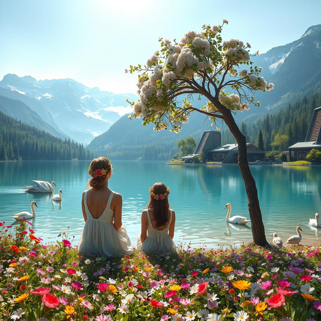 A super realistic photograph of a woman sitting amidst blooming flowers on the shore of a lake, gazing at the opposite bank