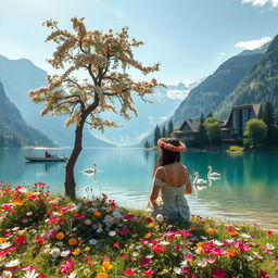 A super realistic photograph of a woman sitting amidst blooming flowers on the shore of a lake, gazing at the opposite bank