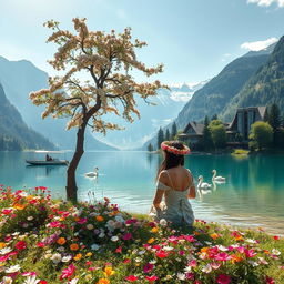 A super realistic photograph of a woman sitting amidst blooming flowers on the shore of a lake, gazing at the opposite bank