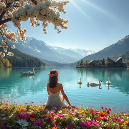 A super realistic photograph of a woman sitting amidst blooming flowers on the shore of a lake, gazing at the opposite bank