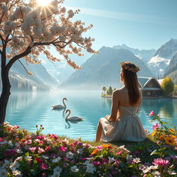 A super realistic photograph of a woman sitting amidst blooming flowers on the shore of a lake, gazing at the opposite bank