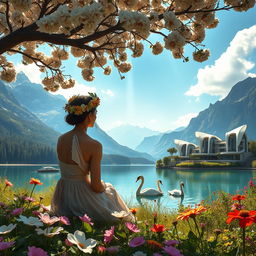 A super realistic photograph of a woman sitting amidst blooming flowers on the shore of a lake, gazing at the opposite bank