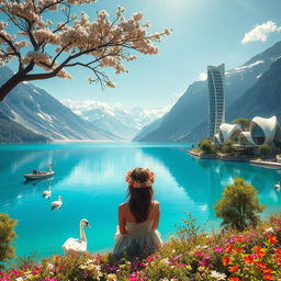 A super realistic photograph of a woman sitting amidst blooming flowers on the shore of a lake, gazing at the opposite bank