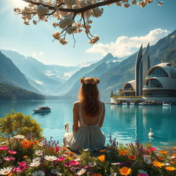 A super realistic photograph of a woman sitting amidst blooming flowers on the shore of a lake, gazing at the opposite bank