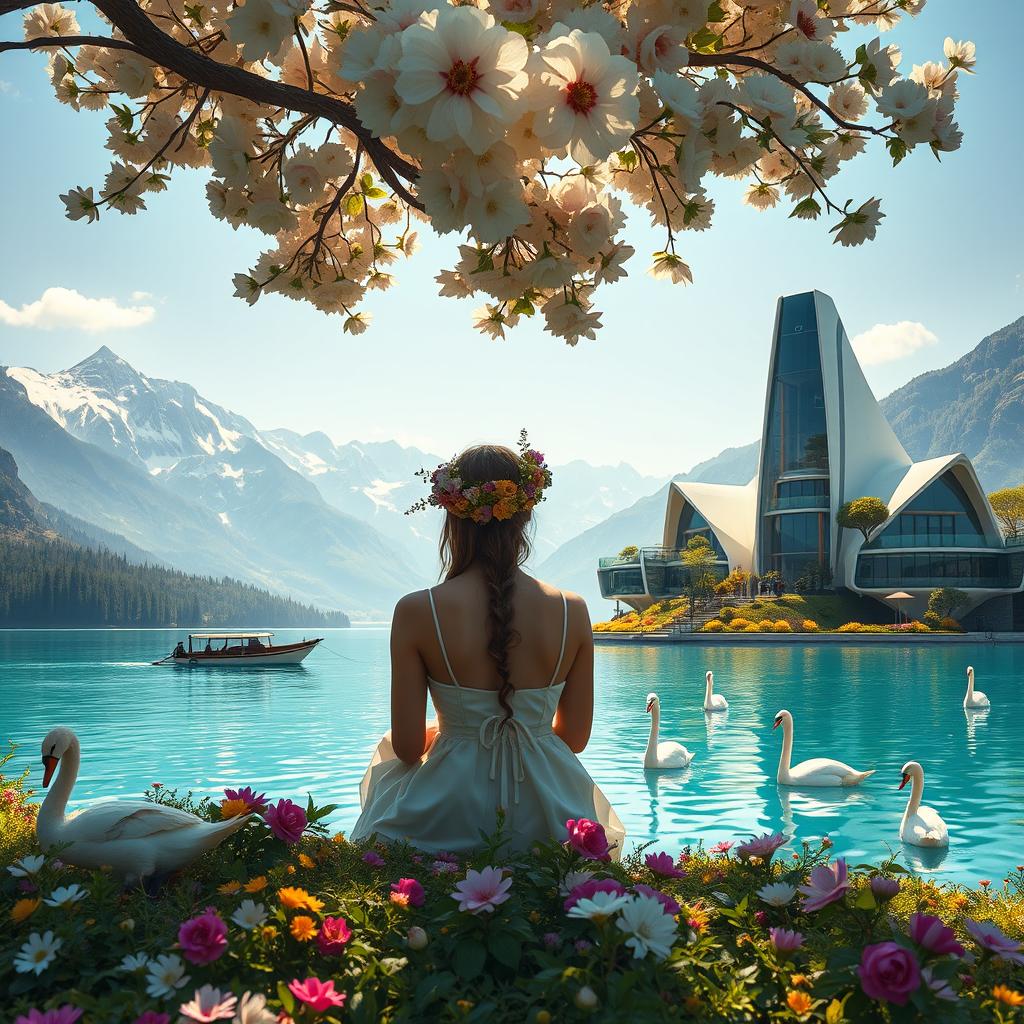 A super realistic photograph of a woman sitting amidst blooming flowers on the shore of a lake, gazing at the opposite bank