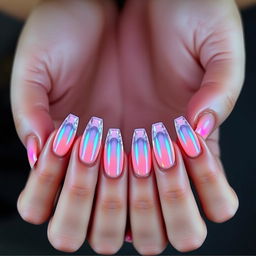 A dazzling manicure on two elegantly poised hands, featuring a transparent crystal nail design with a natural oval shape