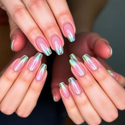 A dazzling manicure on two elegantly poised hands, featuring a transparent crystal nail design with a natural oval shape