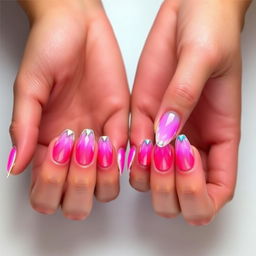 A dazzling manicure on two elegantly poised hands, featuring a transparent crystal nail design with a natural oval shape