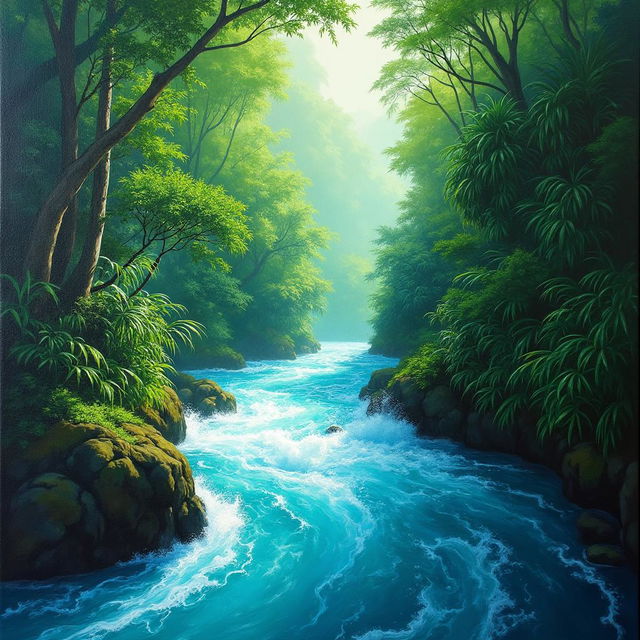 A polished, finished oil painting depicting a first person point of view, capturing the sensation of flying through a lush, immersive bright green jungle