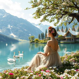 A super realistic photograph of a woman sitting sideways to us on the shore of a lake, dressed in a sheer gown