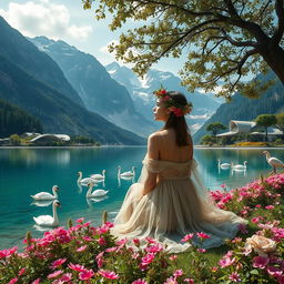 A super realistic photograph of a woman sitting sideways to us on the shore of a lake, dressed in a sheer gown