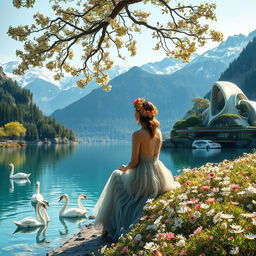 A super realistic photograph of a woman sitting sideways to us on the shore of a lake, dressed in a sheer gown