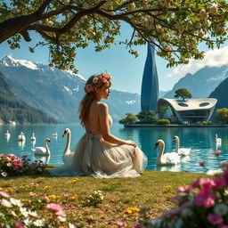 A super realistic photograph of a woman sitting sideways to us on the shore of a lake, dressed in a sheer gown