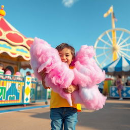 A child joyfully playing with an oversized cotton candy in a lively carnival setting