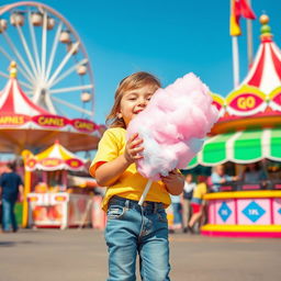 A child joyfully playing with an oversized cotton candy in a lively carnival setting